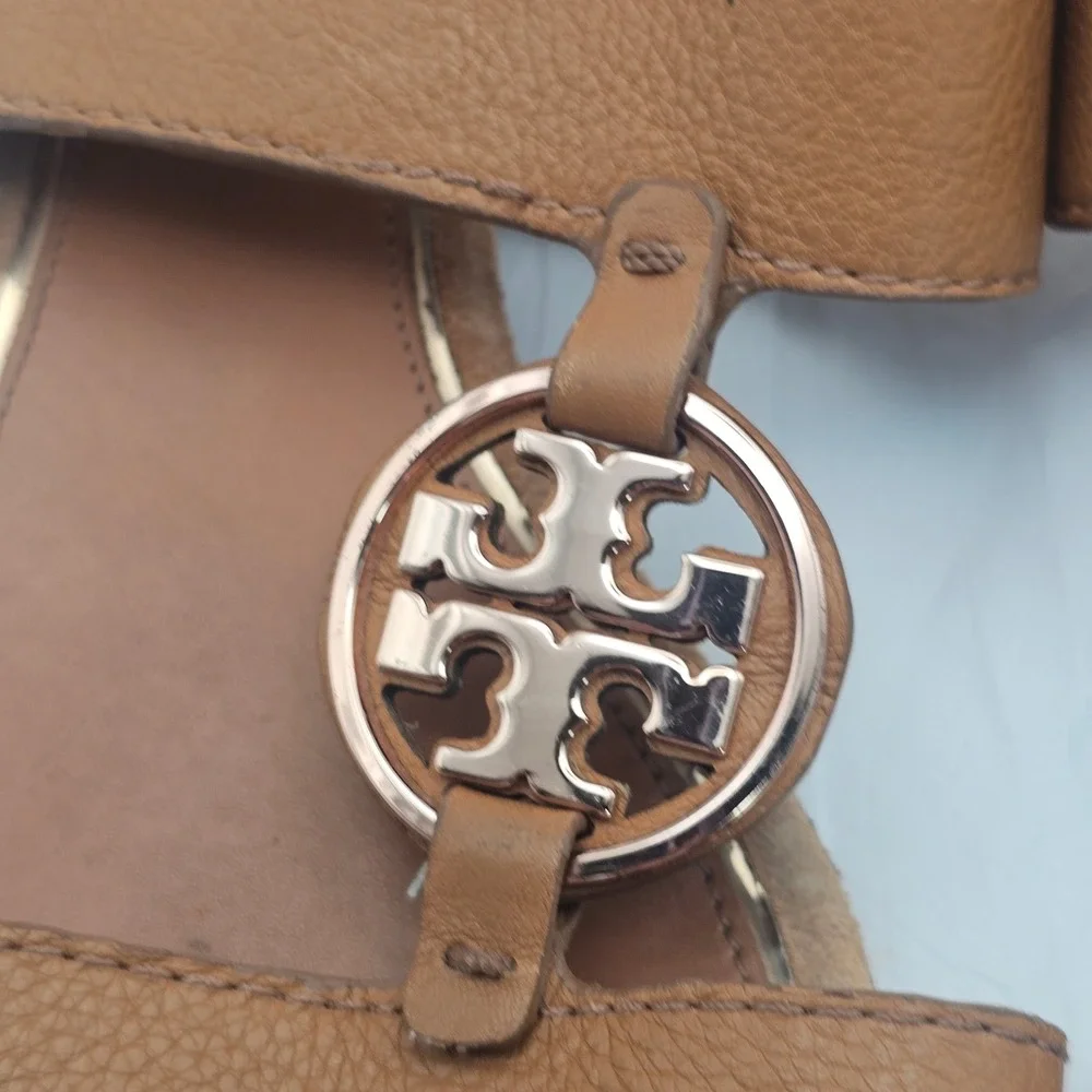 Tory Burch Metal Miller Two Band Calf Leather Sandal 11M Tan Rose Gold Designer